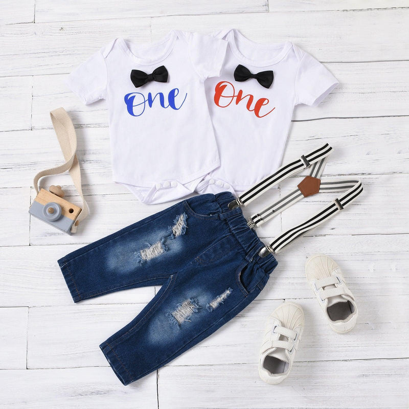 Baby Boys Solid Letter Print Bow Tie Short Sleeve T-shirt Strap Denim Pants Set - PrettyKid