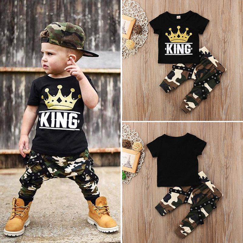 Toddler Boys Summer Short Sleeve Black Top Camouflage Pants Set - PrettyKid