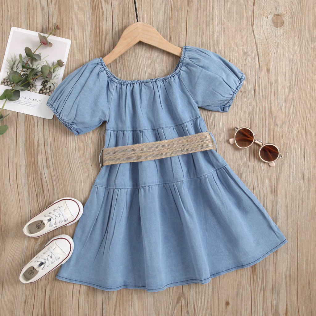Toddler Kids Girls Blue Denim Short-sleeved Princess Dress Wholesale Little Girl Dresses - PrettyKid