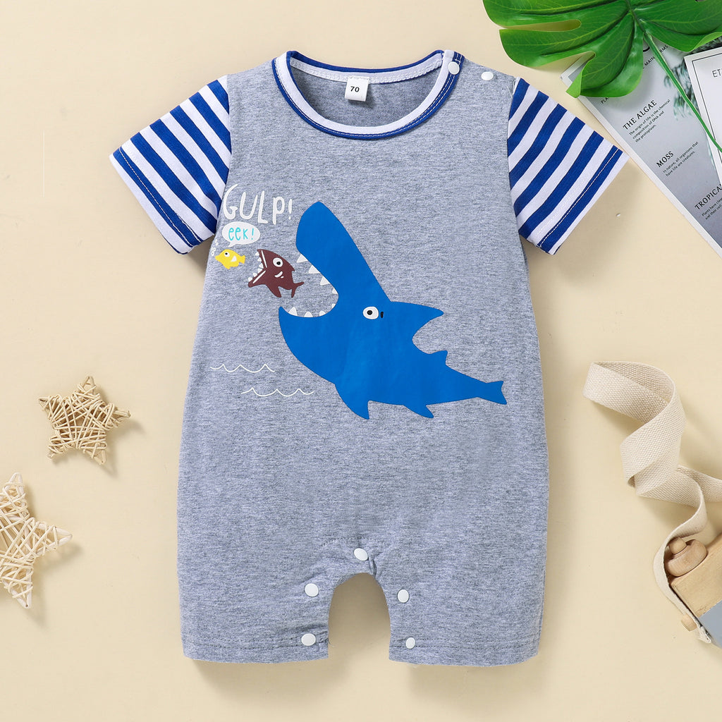 Baby Boys Solid Cotton Cartoon Shark Print Short Sleeve Jumpsuit - PrettyKid
