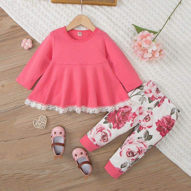 Toddler Kids Girls' Solid Lace Stitching Top Flower Print Pants Set - PrettyKid