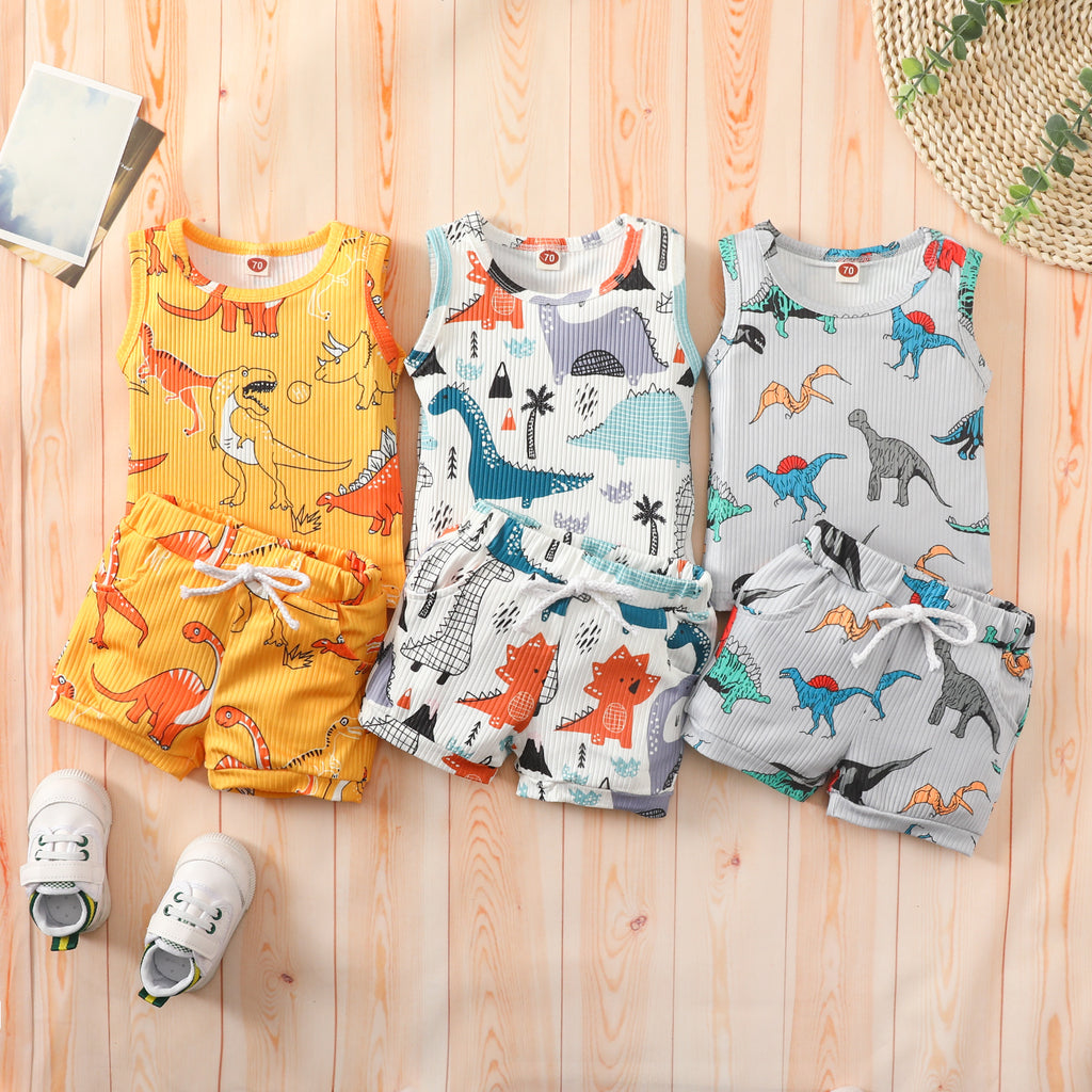 Toddler Kids Boys Solid Colour Cartoon Dinosaur Sleeveless Vest Set - PrettyKid
