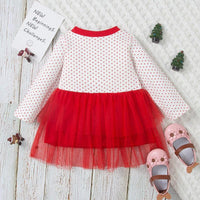 Toddler Kids Girls Christmas Tree Print Polka Dot Mesh Long Sleeve Dress Christmas Dress - PrettyKid