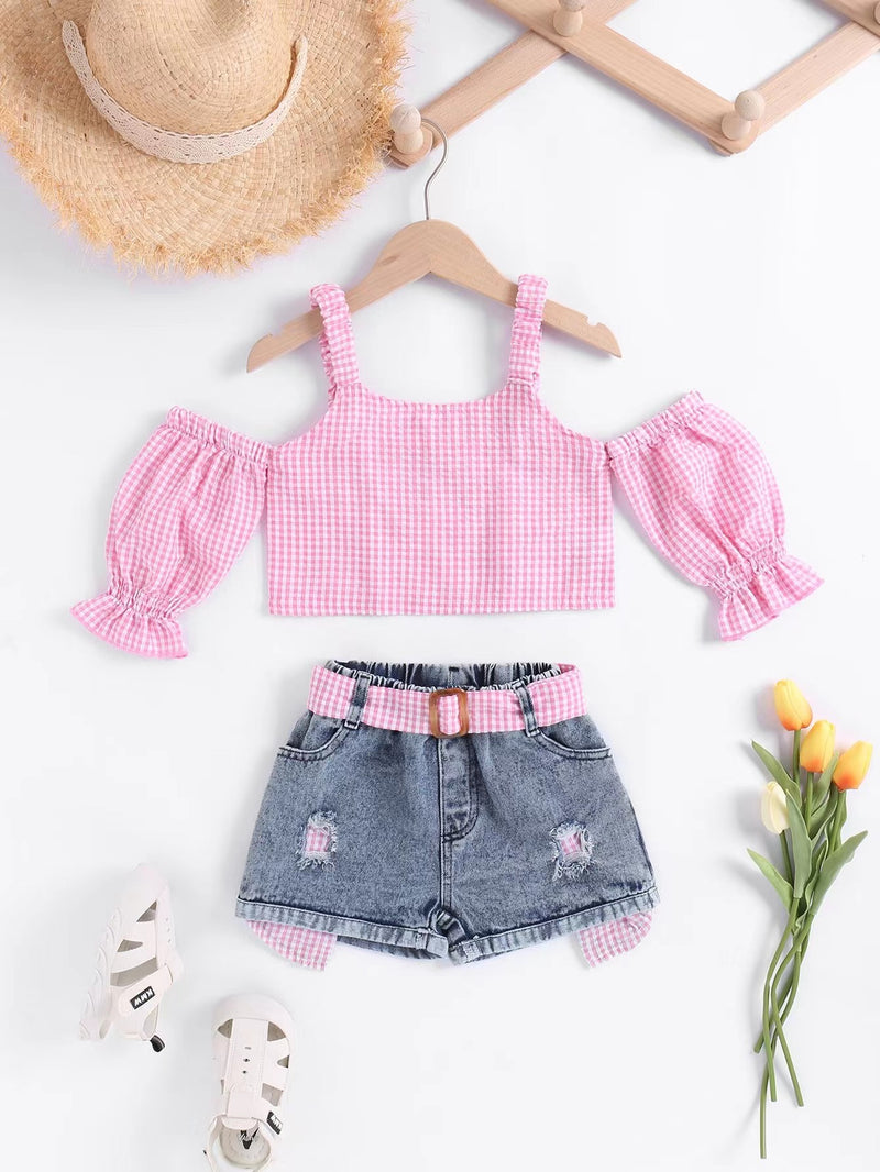 Hanging Strap Off-shoulder Bubble Sleeve Sweet Beauty Baby Two-piece Set