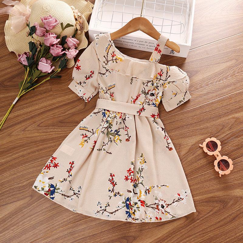 Girls' Open Back Suspended Dress Vintage Print Bubble Short Sleeve Dress