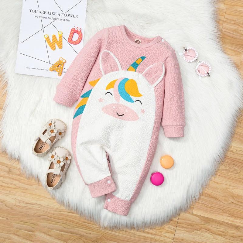 Baby Girls Pink Cartoon Unicorn Printed Long Sleeve Jumpsuit - PrettyKid