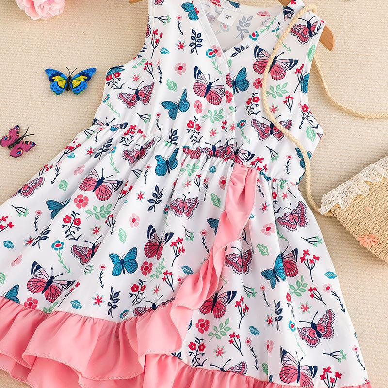 RUFFLE DRESS BUTTERFLY PRINT SLEEVELESS A-LINE SKIRT