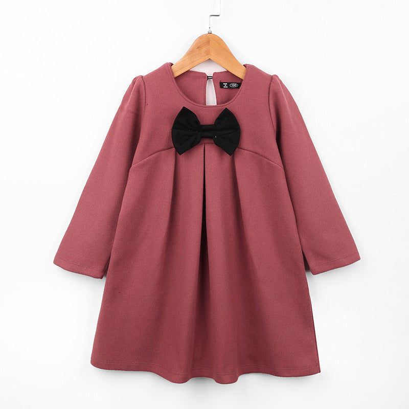 Toddler Kids Girls' Solid Color Bow Long Sleeved Dress - PrettyKid
