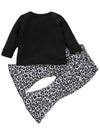 Girls' Long Sleeve Leopard Print Fake Two-piece Top with Split Flared Pants