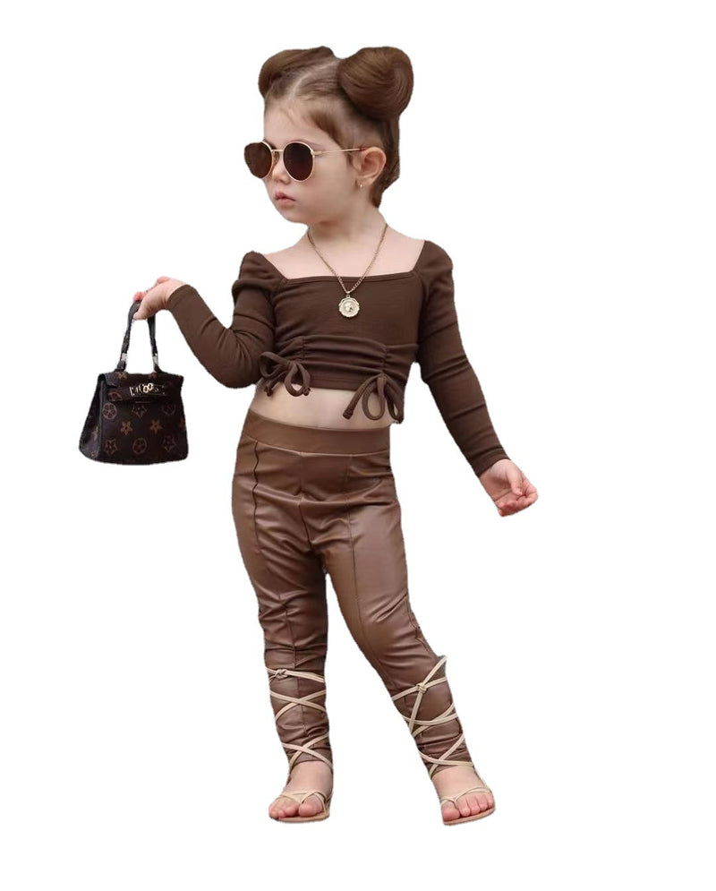 Toddler kid girls Solid color bow tie halter top PU leather pants set - PrettyKid