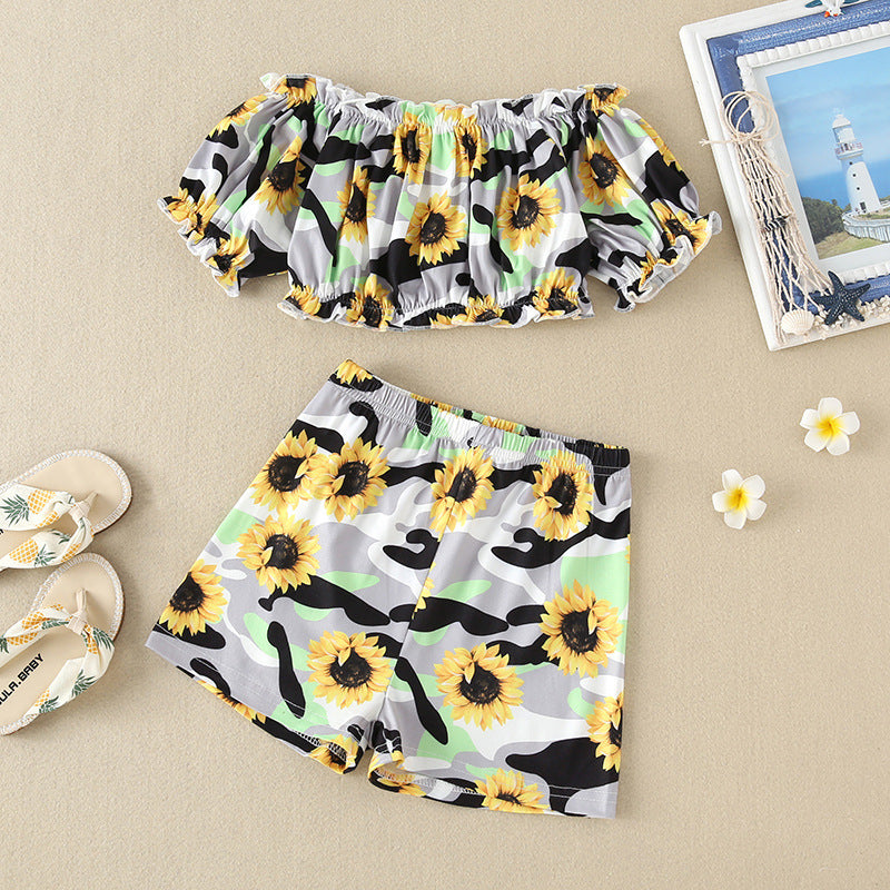 Toddler Kids Girl Cartoon Sunflower Print Off Shoulder Short Sleeve Jacket Shorts Summer Suit - PrettyKid