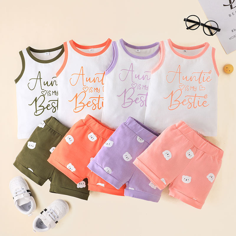 Toddler Boys Girls Solid Letter Sleeveless Vest Cartoon Bear Print Shorts Set - PrettyKid