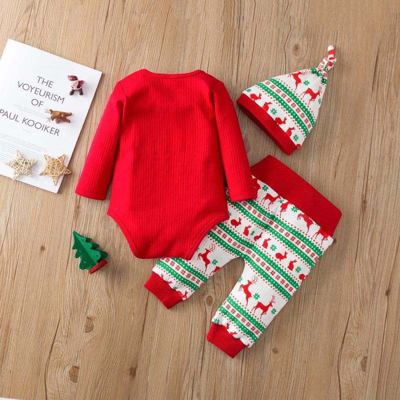 Baby Christmas Suit Long Sleeve Jumpsuit Long Pants Hat Three Piece Set - PrettyKid