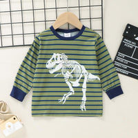 Toddler Kids Boys Striped Dinosaur Print Round Neck Long Sleeved Suit - PrettyKid