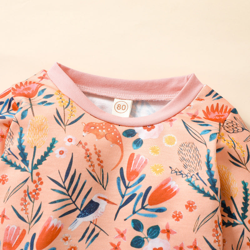 Toddler Kids Girls Floral Print Round Neck Long Sleeve Sweater Set - PrettyKid