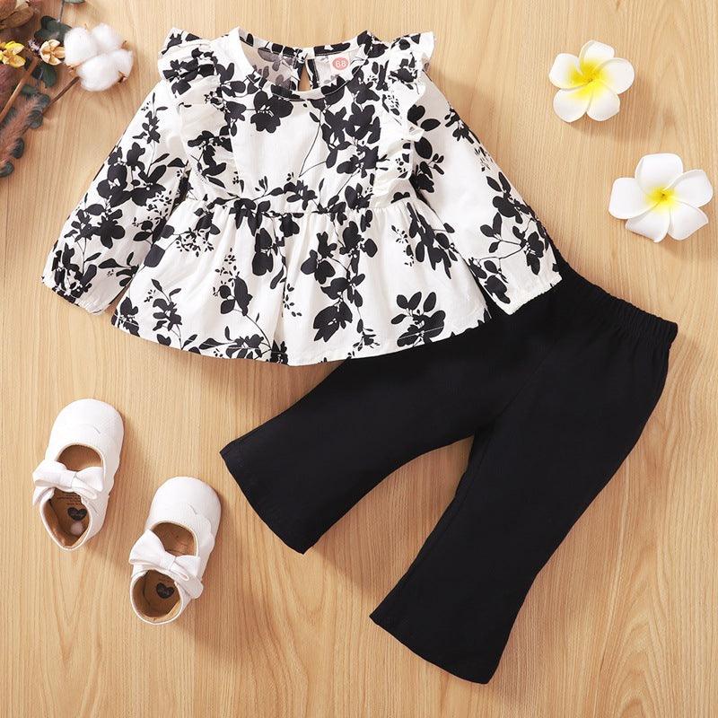 Toddler Kids Girls Floral Print Long-sleeved Tops Flared Pants Set - PrettyKid