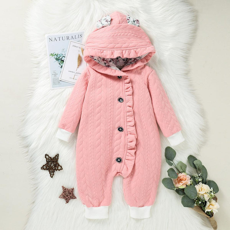 Baby Girl Solid Color Cartoon Rabbit Long Sleeve Hooded Jumpsuit - PrettyKid