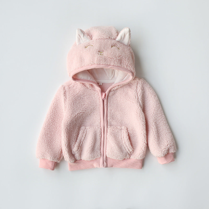 Toddler Girls Cute Lambswool Hooded and Padded Zipper Sweater - PrettyKid
