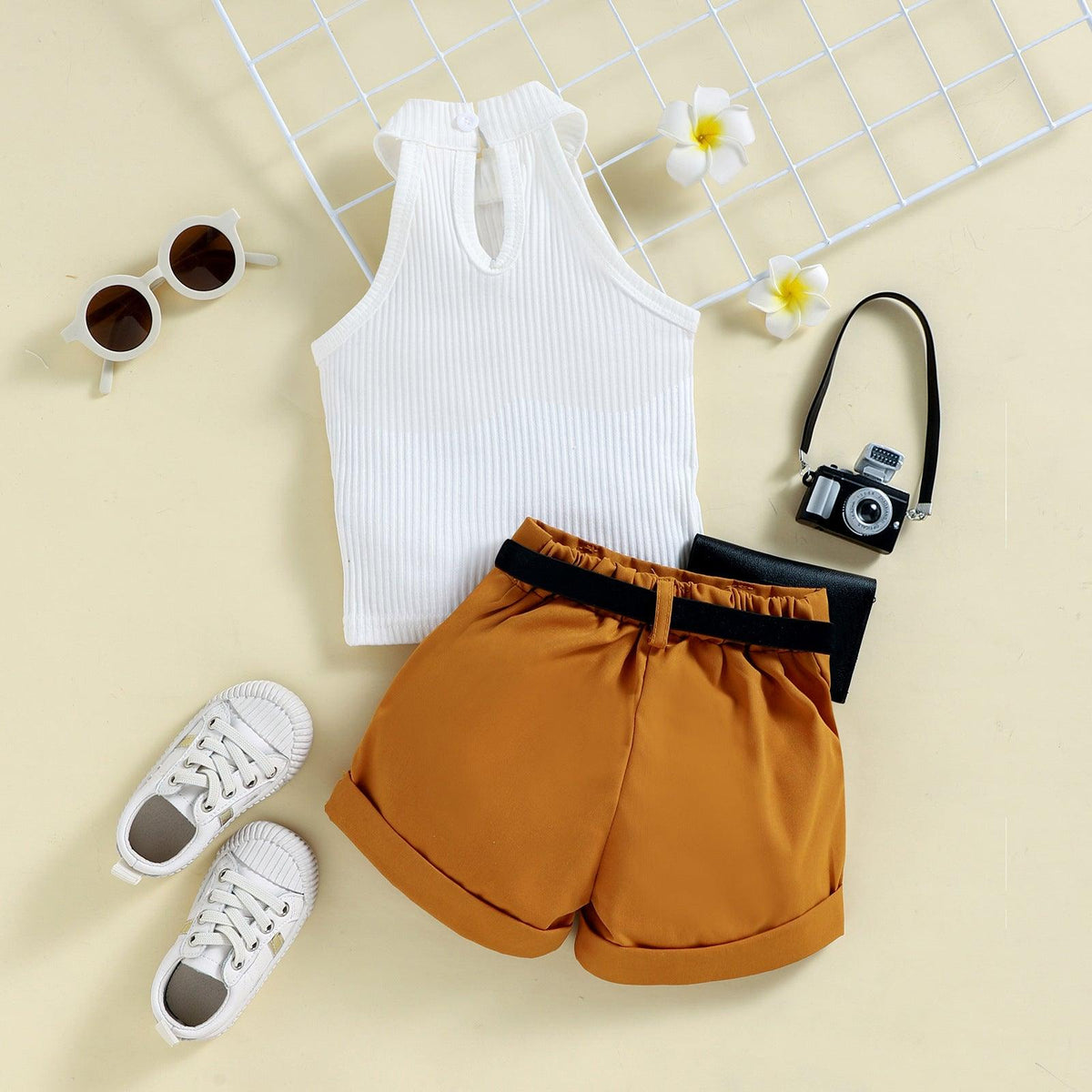 Girls' Neck Hole Top, Shorts, Waist Bag, Three-piece Suit