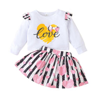 Toddler Kids Girl Solid Letter Love Print Long Sleeve T-Shirt Short Skirt Valentine's Day Set - PrettyKid