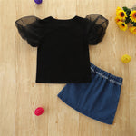 Toddler Kids Girl Solid Monogrammed Mesh Short Sleeve T-shirt Denim Skirt Set - PrettyKid