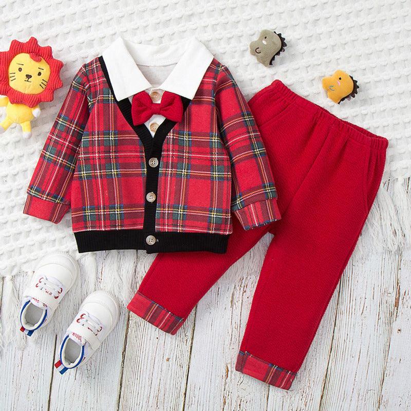 Toddler Kids Boys Fake Two Piece Bow Tie Plaid Print Top Red Gentleman Suit - PrettyKid