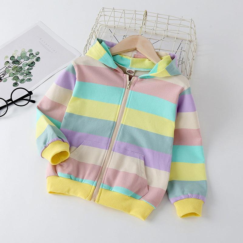 Toddler Kids Girls' Rainbow Striped Hooded Sweatshirt Cardigan Coat - PrettyKid