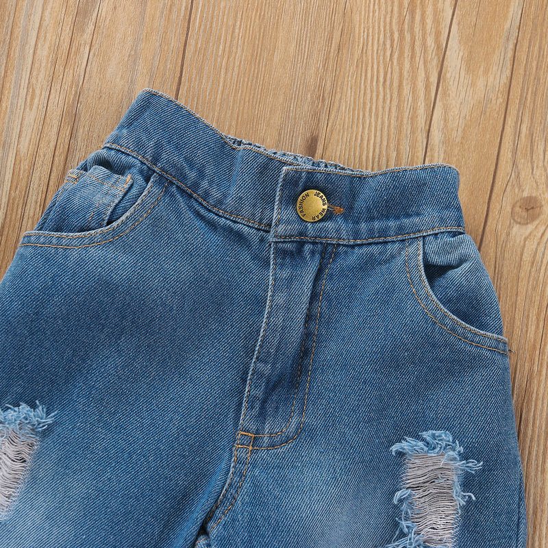 Toddler Kids Girls Bow Suspender Denim Jacket with Holes Denim Pants Set - PrettyKid