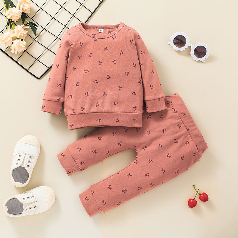 Toddler Kids Solid Color Printed Round Neck Sweater Pants Set - PrettyKid