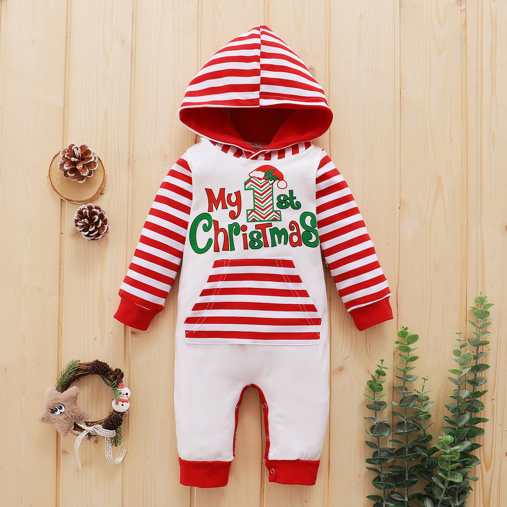 Baby Boys Girls Striped Lettered Christmas Hoodie One-piece - PrettyKid