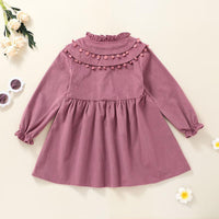 Children Girls' Solid Color Cute Fur Ball Long-sleeved Dress - PrettyKid