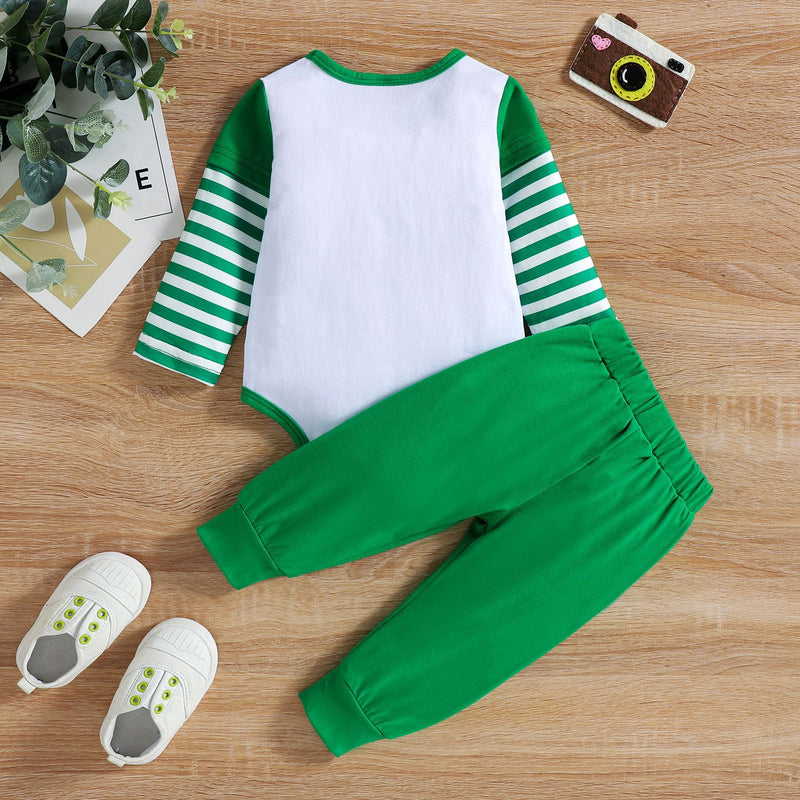 Baby Boys Striped Letter Clover Print Long Sleeve Jumpsuit Solid Pants Set - PrettyKid