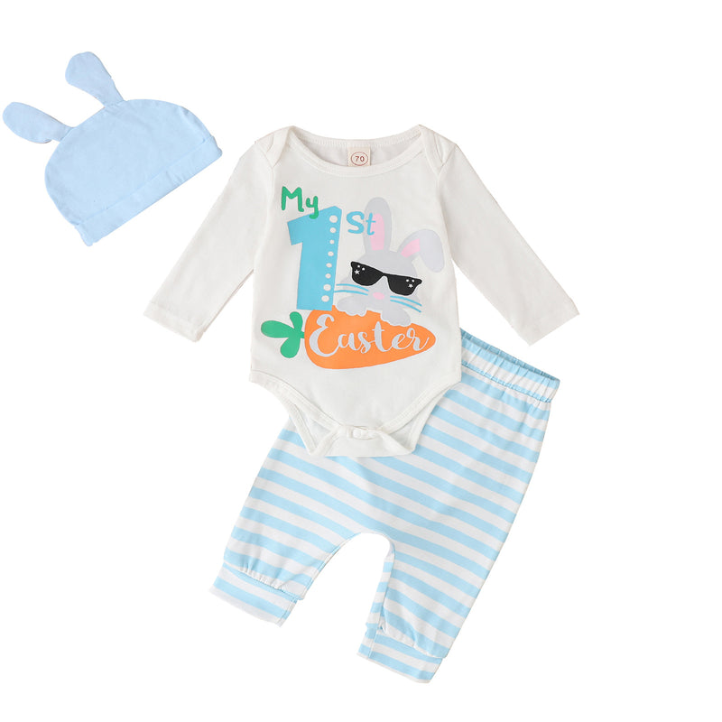 Rabbit Print Long-sleeved Romper Striped Trousers with Hat Three-piece Set for Boys and Girls