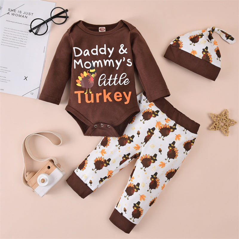 Baby Boys Cartoon Thanksgiving Letter Turkey Print Jumpsuit Pants Set - PrettyKid