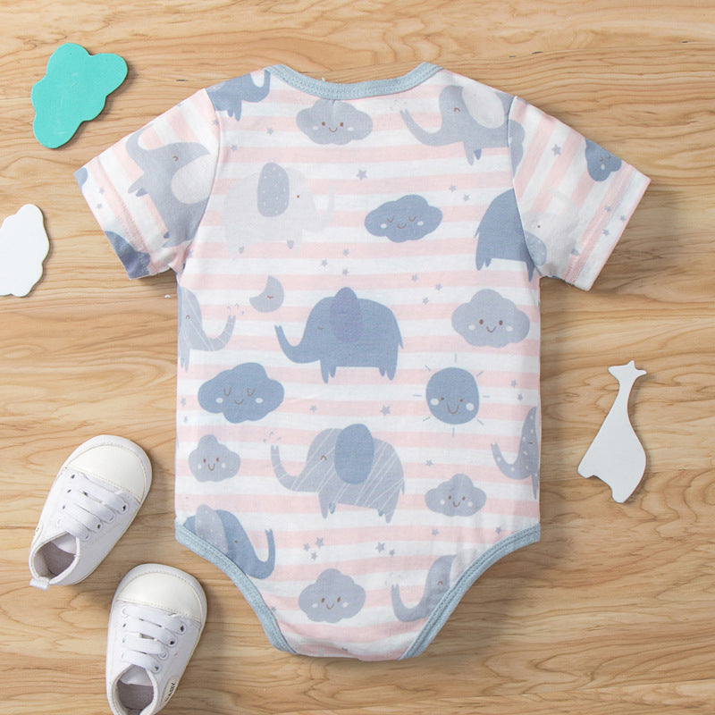 Baby Short Sleeved Elephant Stripe Print Jumpsuit Romper - PrettyKid