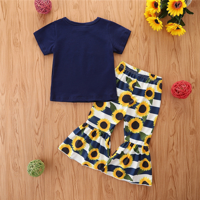 Toddler Kids Girls Short Sleeve T-shirt Sunflower Striped Flared Pants Two Piece Set Children's Boutique Wholesale - PrettyKid