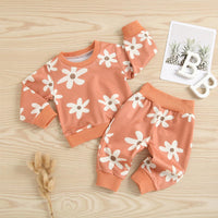 Toddler Girls Orange Flower Print Long Sleeve Suit - PrettyKid