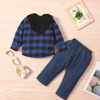 Toddler Boys Plaid Hoodie Long Sleeve Jeans Set Children's Boutique Clothing Vendors - PrettyKid