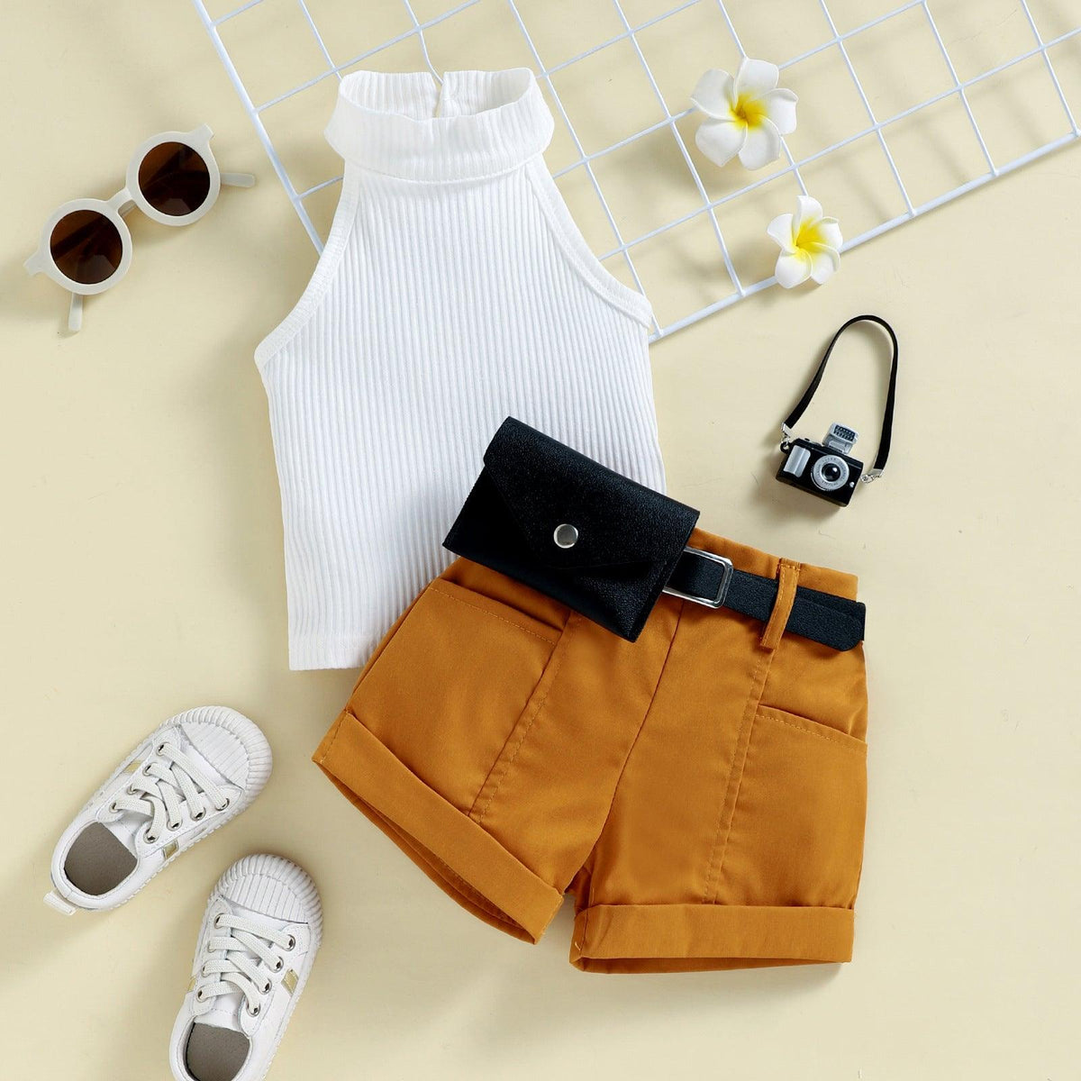 Girls' Neck Hole Top, Shorts, Waist Bag, Three-piece Suit