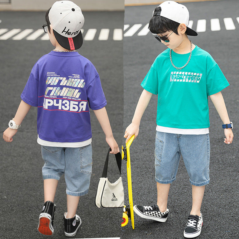 Boys Summer Solid Color Cartoon Letter Printing Short Sleeve Fake Two-piece T-Shirt Top Shorts Set - PrettyKid
