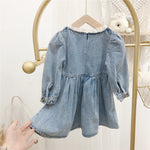 9M-6Y Toddler Girls Long Sleeve Dress Denim Wood Ear Bow Stitching Long Sleeves Wholesale Girls Clothes - PrettyKid