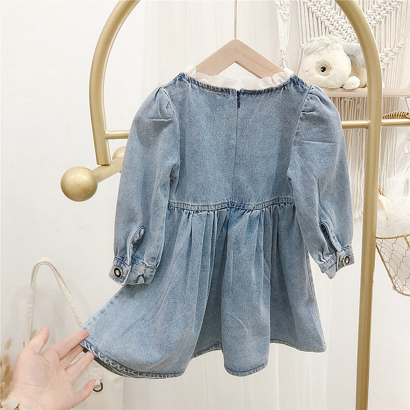 9M-6Y Toddler Girls Long Sleeve Dress Denim Wood Ear Bow Stitching Long Sleeves Wholesale Girls Clothes - PrettyKid