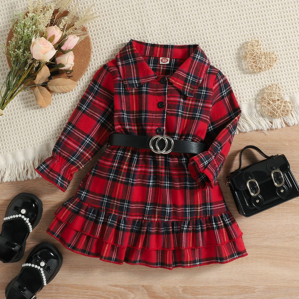 Toddler Girls Christmas Plaid Print Long Sleeve Dress with Belt - PrettyKid