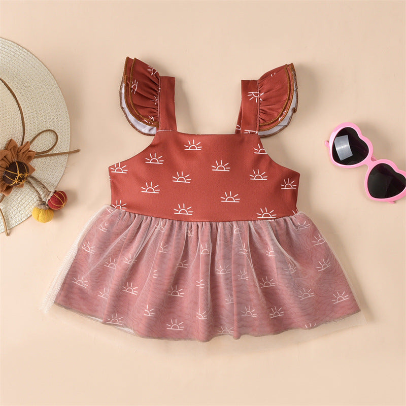 Baby Girls Solid Color Cartoon Printed Sleeveless Top and Shorts Set - PrettyKid