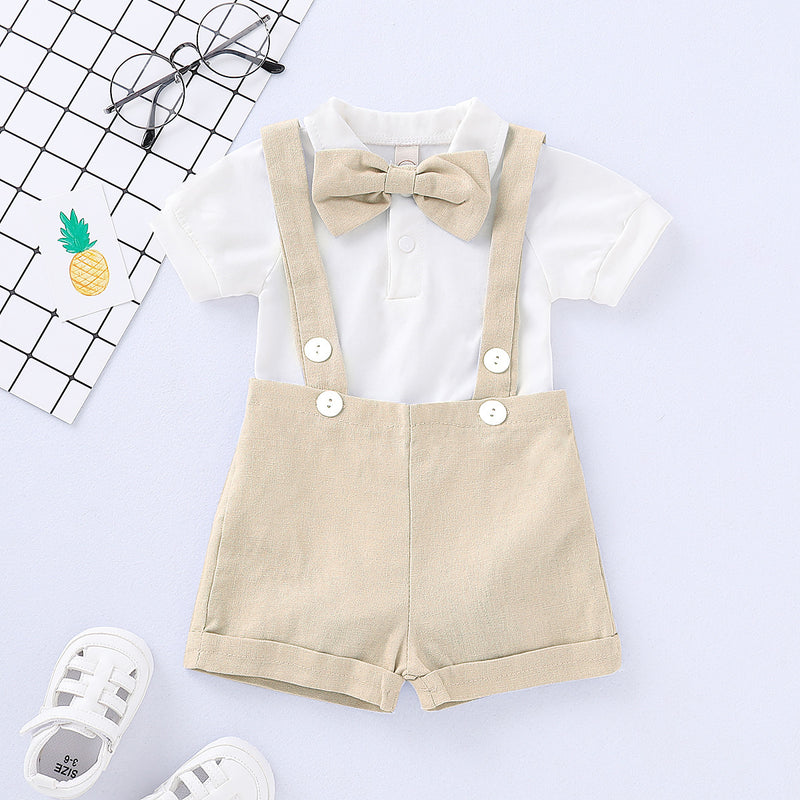 Baby Boys Little Gentleman Solid Color Short Sleeved Top Strap Shorts Set - PrettyKid