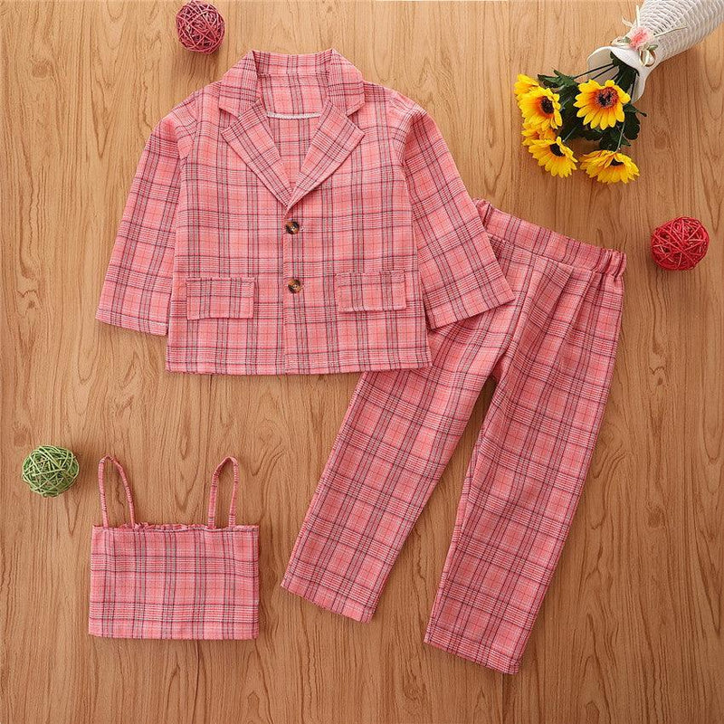 Toddler Kids Girls' Pink Plaid Printing Suspender Coat Trousers Suit - PrettyKid