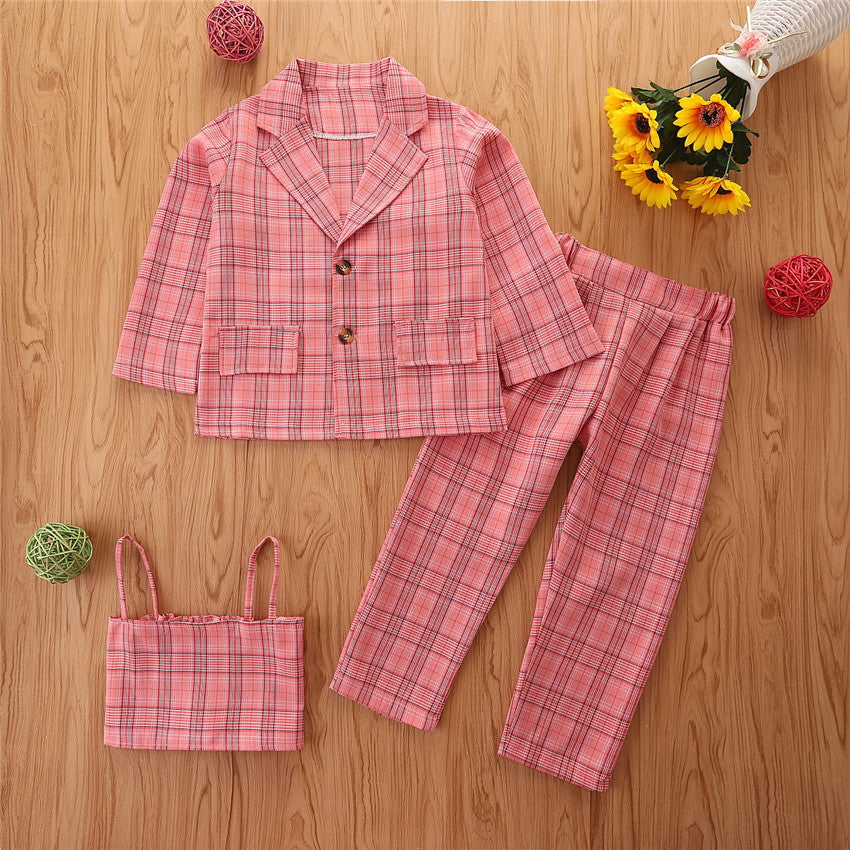 Toddler Kids Girls' Pink Plaid Printing Suspender Coat Trousers Suit - PrettyKid