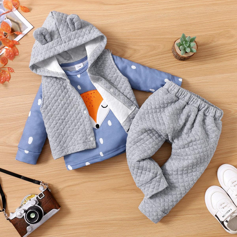 Toddler Kids Solid Color Lovely Fox Embroidery Top Lovely Hooded Vest Solid Color Pants Set - PrettyKid