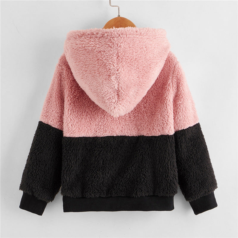 2021 Autumn Winter Children's Solid Color Contrast Multi Panel Hooded Furry Sweater - PrettyKid
