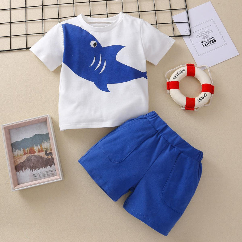 Toddler Kids Boys Solid Cotton Cartoon Shark Print Short Sleeve Set - PrettyKid